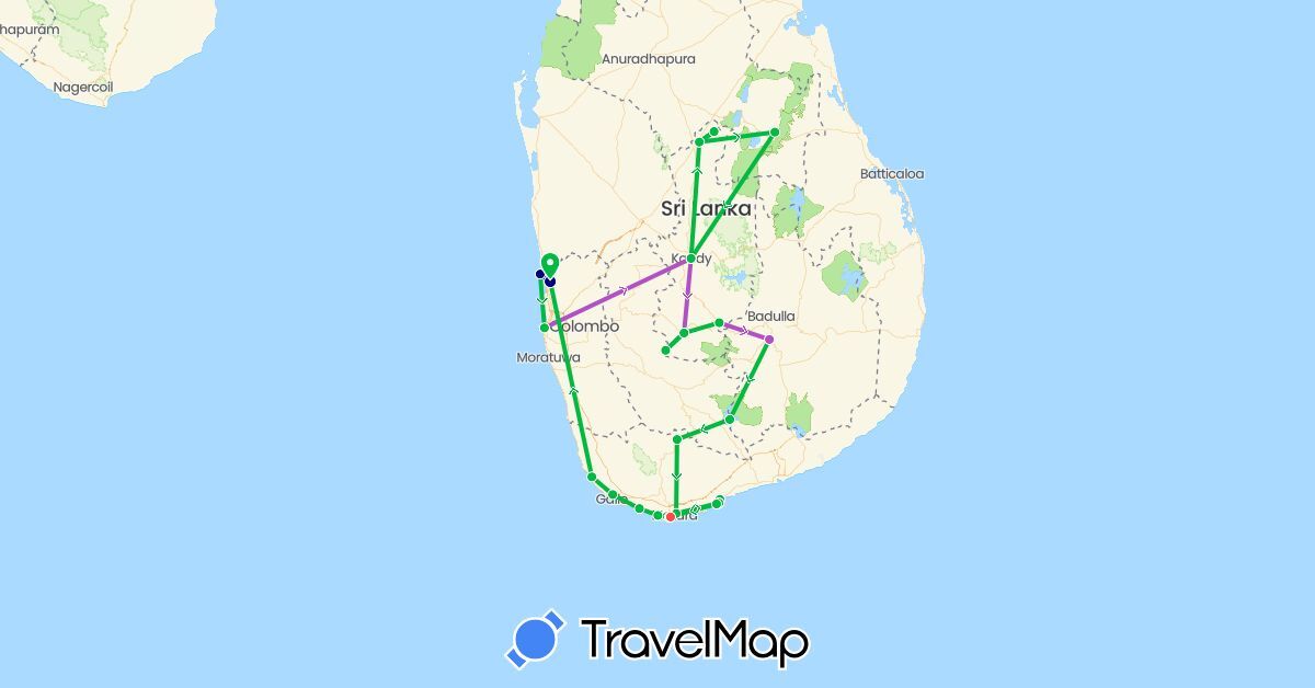 TravelMap itinerary: driving, bus, train, hiking in Sri Lanka (Asia)