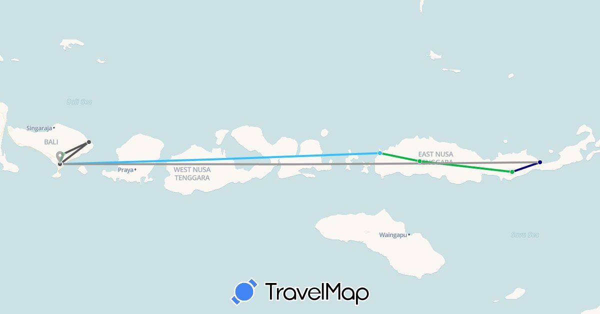 TravelMap itinerary: driving, bus, plane, boat, motorbike in Indonesia (Asia)